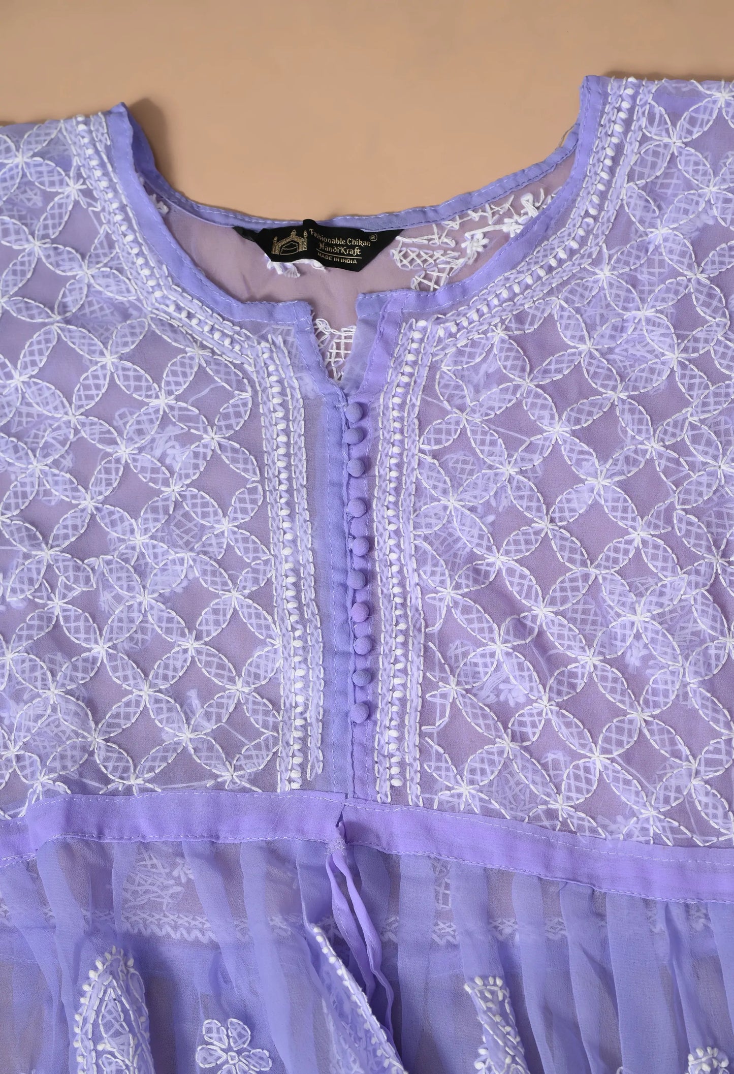 SOFT GEAORGETTE CHIKAN HANDWORK SHORT GOWN | LAVENDER