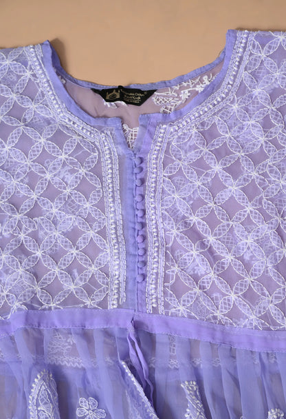 SOFT GEAORGETTE CHIKAN HANDWORK SHORT GOWN | LAVENDER