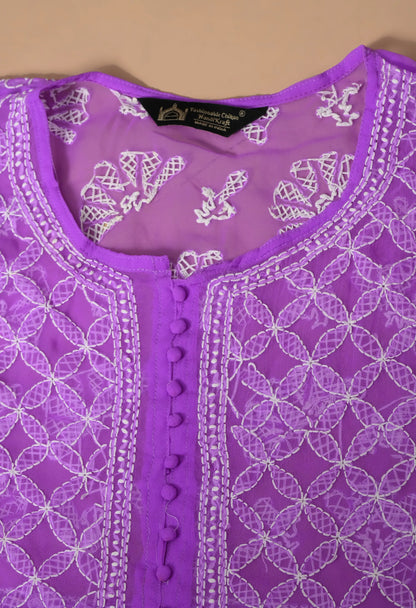 SOFT GEAORGETTE CHIKAN HANDWORK SHORT GOWN | PURPLE