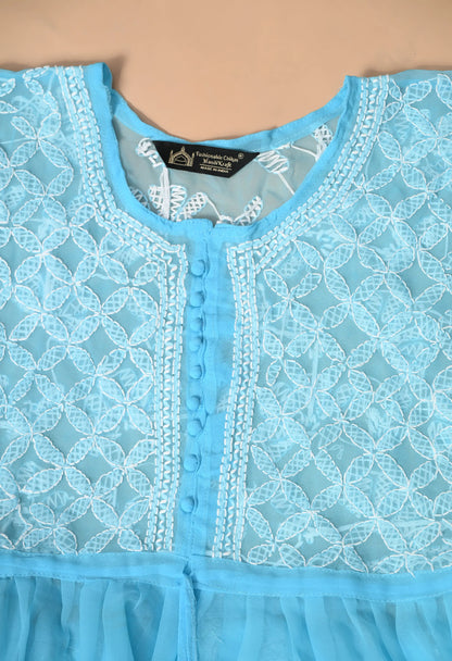 SOFT GEAORGETTE CHIKAN HANDWORK SHORT GOWN | SKY BLUE