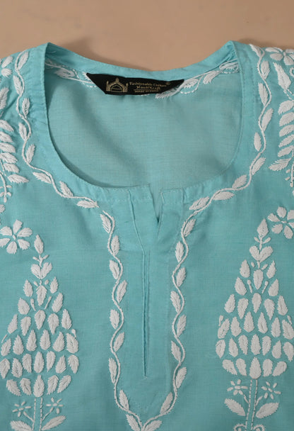 Women Hand Embroidered Lucknowi Chikankari Cotton Straight Short Top | Sky Blue