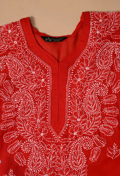 PURE COTTON CHIKAN HANDWORK LONG KURTI | RED