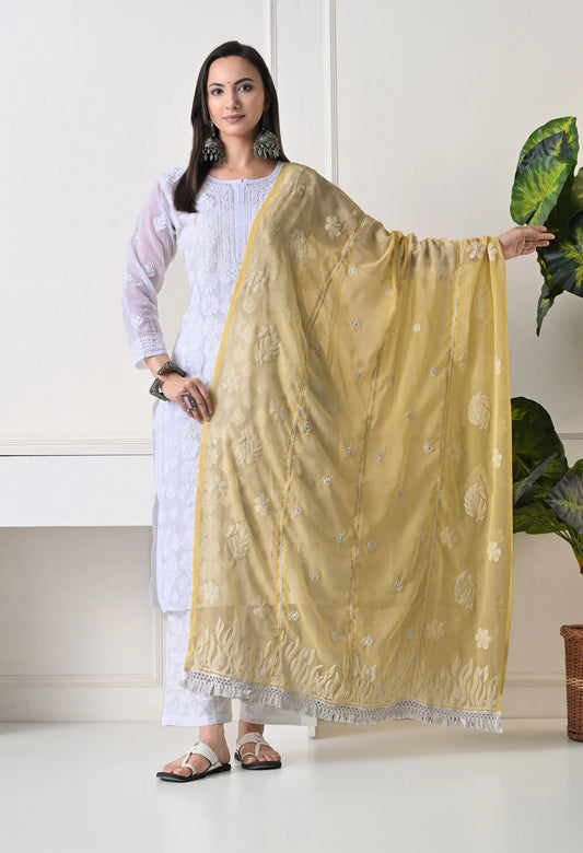 Yellow Georgette Chikankari Hand Embroidered Dupatta for Women