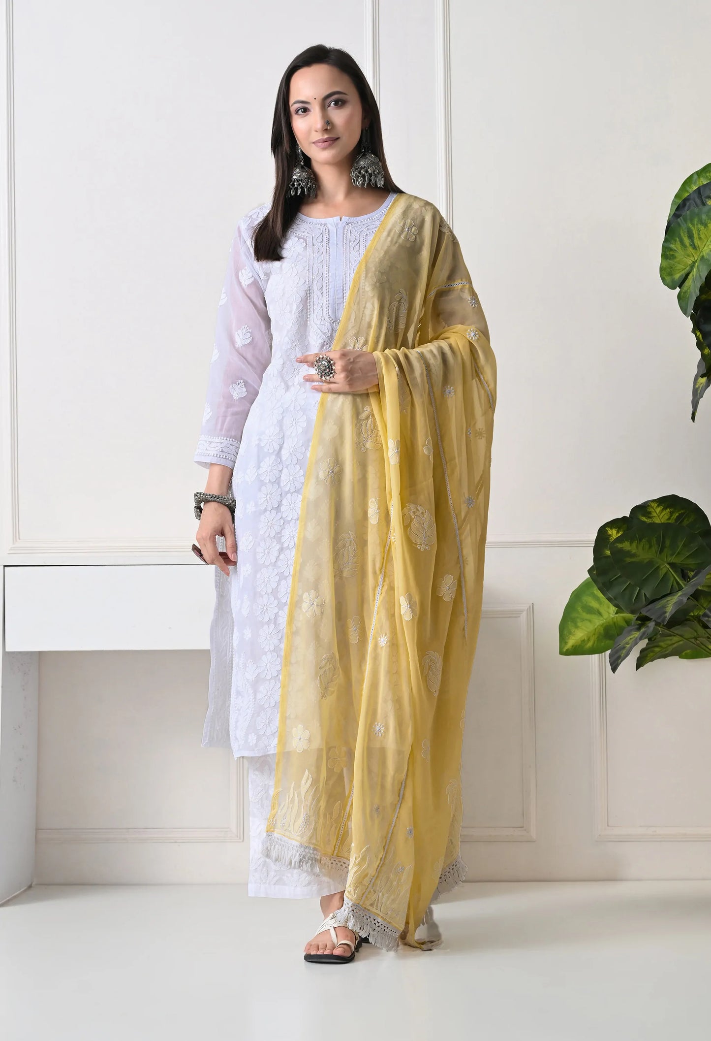 Yellow Georgette Chikankari Hand Embroidered Dupatta for Women
