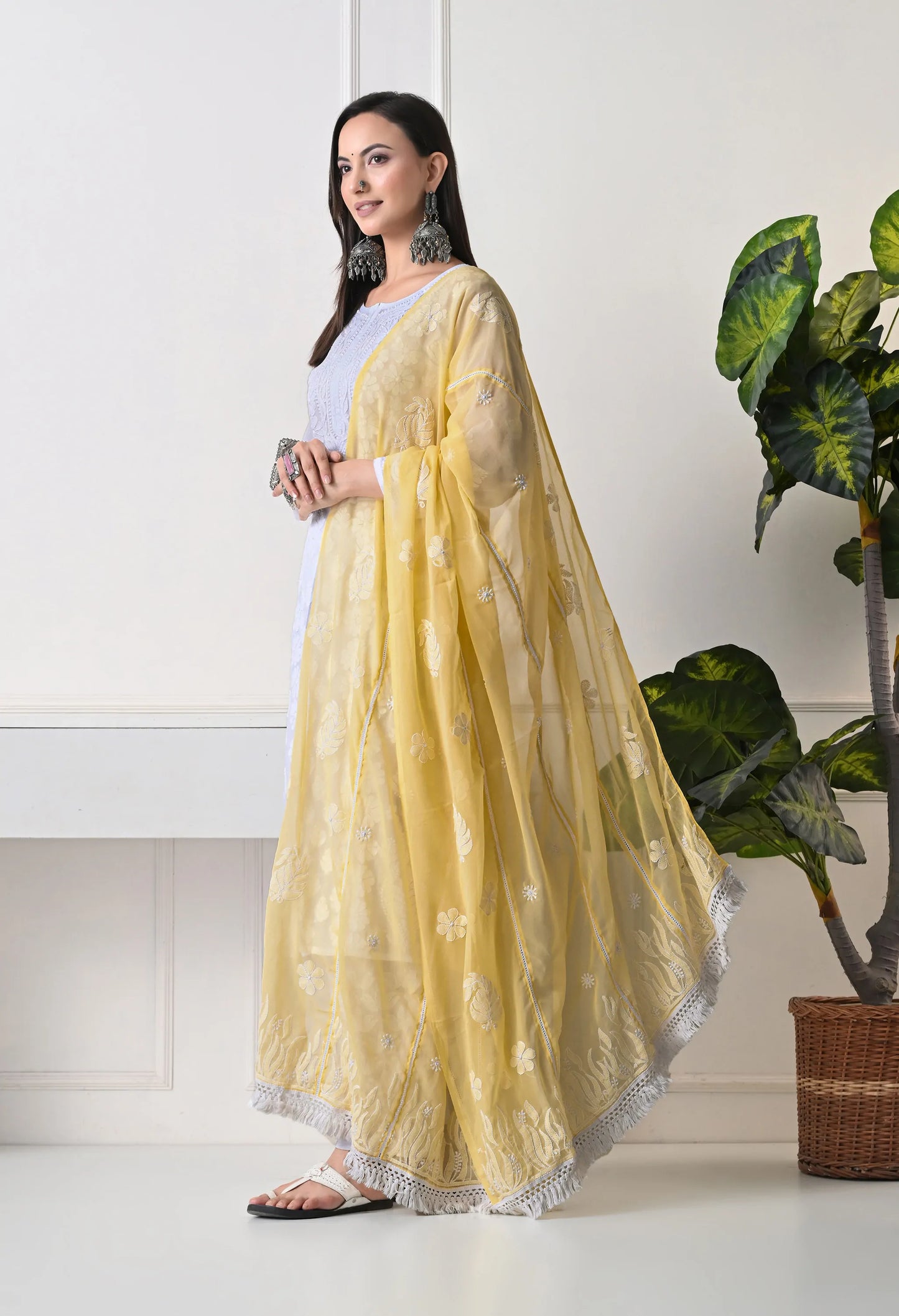 Yellow Georgette Chikankari Hand Embroidered Dupatta for Women