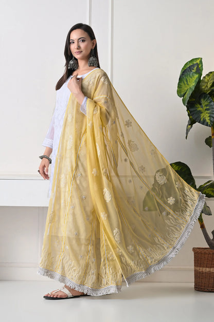 Yellow Georgette Chikankari Hand Embroidered Dupatta for Women