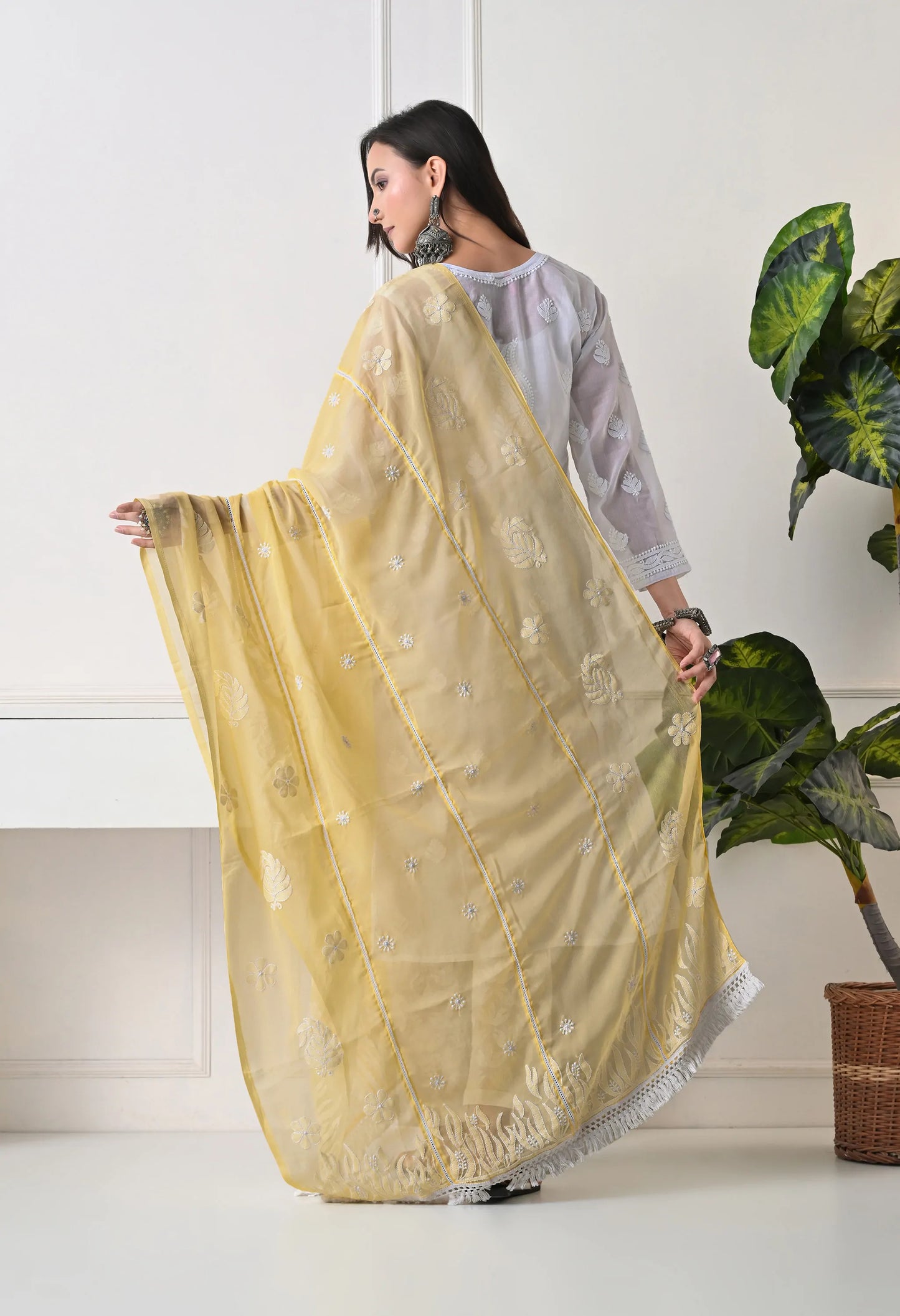 Yellow Georgette Chikankari Hand Embroidered Dupatta for Women