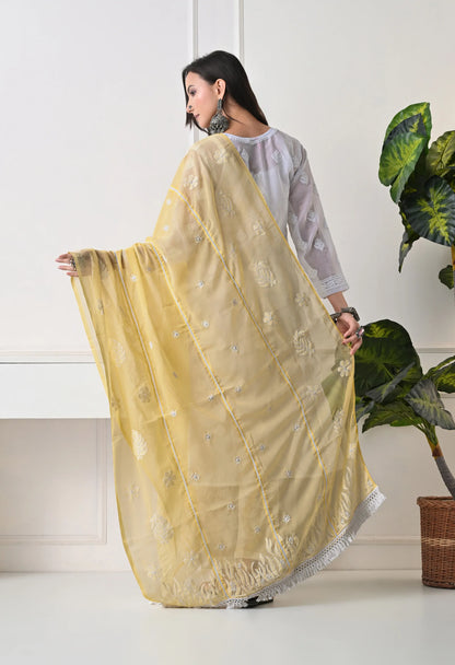 Yellow Georgette Chikankari Hand Embroidered Dupatta for Women