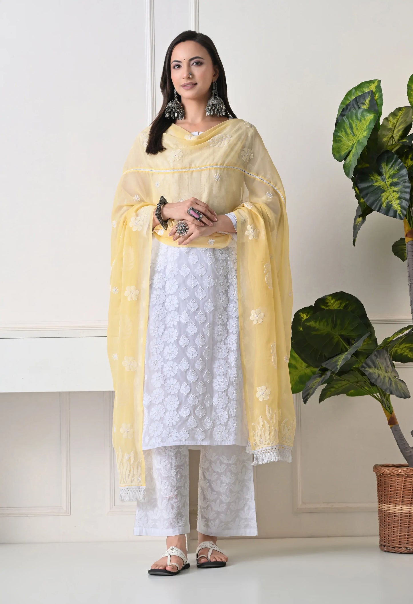 Yellow Georgette Chikankari Hand Embroidered Dupatta for Women