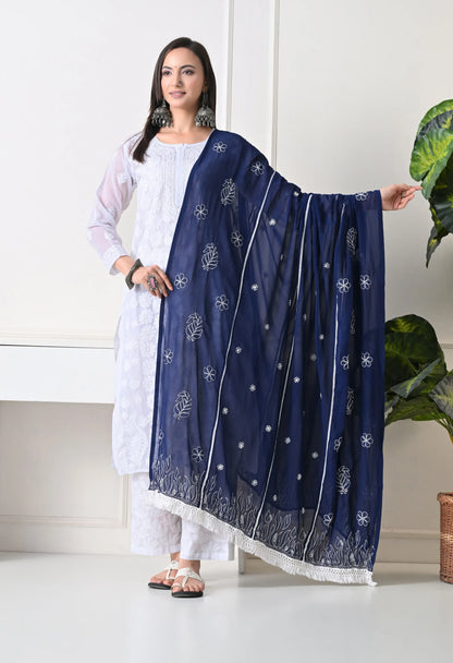Navy Blue Georgette Chikankari Hand Embroidered Dupatta for Women