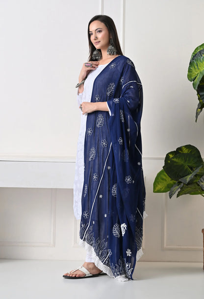 Navy Blue Georgette Chikankari Hand Embroidered Dupatta for Women