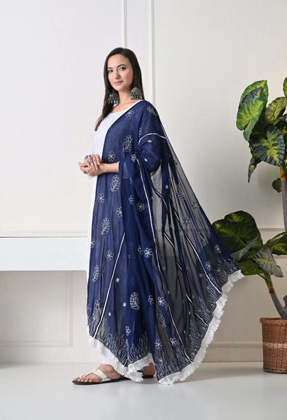 Navy Blue Georgette Chikankari Hand Embroidered Dupatta for Women