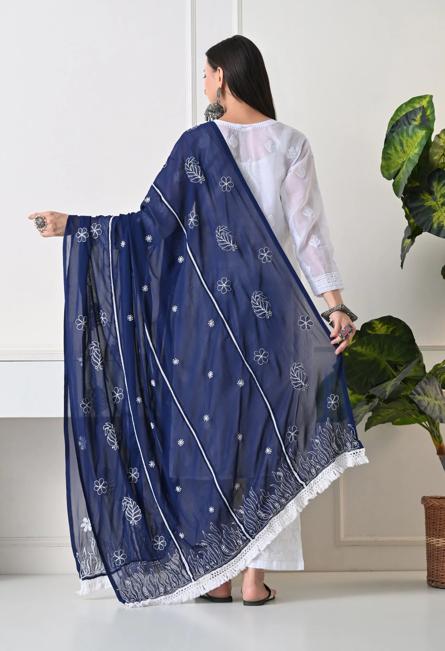 Navy Blue Georgette Chikankari Hand Embroidered Dupatta for Women