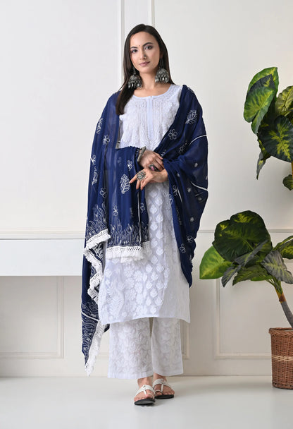 Navy Blue Georgette Chikankari Hand Embroidered Dupatta for Women