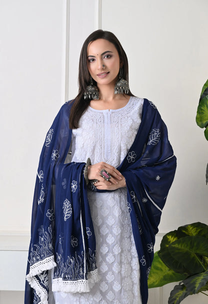Navy Blue Georgette Chikankari Hand Embroidered Dupatta for Women