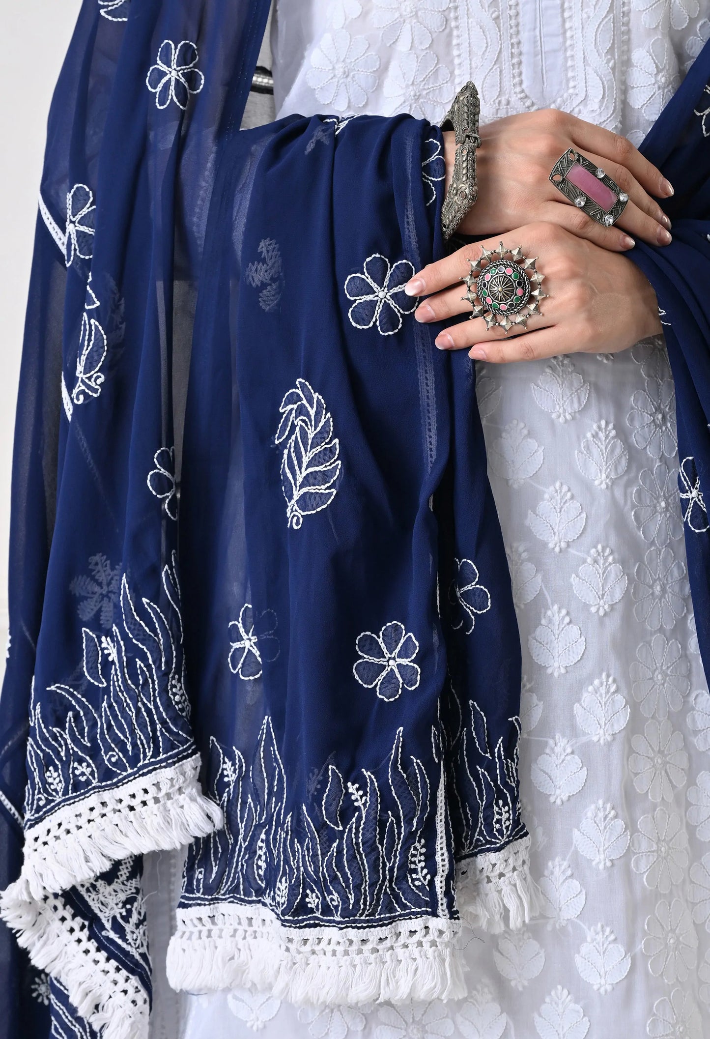 Navy Blue Georgette Chikankari Hand Embroidered Dupatta for Women