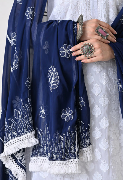 Navy Blue Georgette Chikankari Hand Embroidered Dupatta for Women
