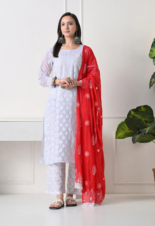 Red Georgette Chikankari Hand Embroidered Dupatta for Women