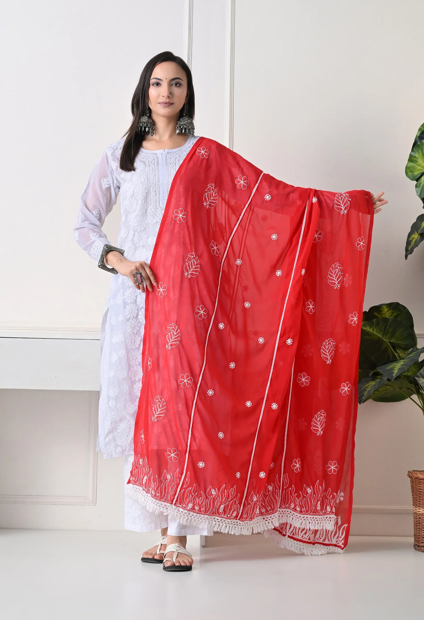 Red Georgette Chikankari Hand Embroidered Dupatta for Women