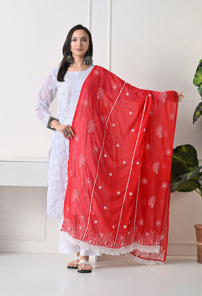 Red Georgette Chikankari Hand Embroidered Dupatta for Women