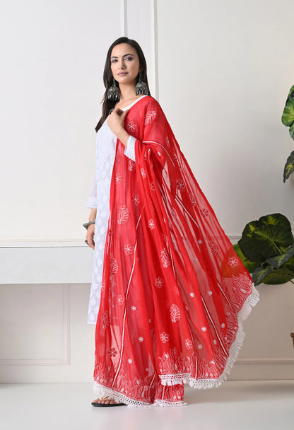 Red Georgette Chikankari Hand Embroidered Dupatta for Women