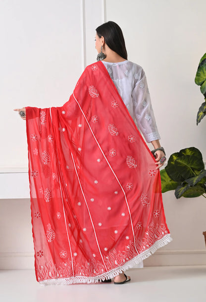 Red Georgette Chikankari Hand Embroidered Dupatta for Women