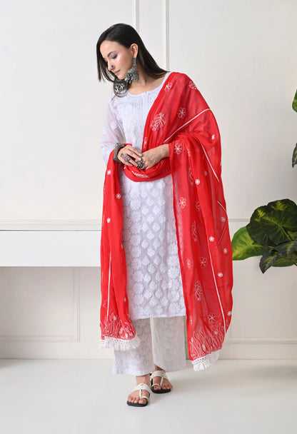 Red Georgette Chikankari Hand Embroidered Dupatta for Women