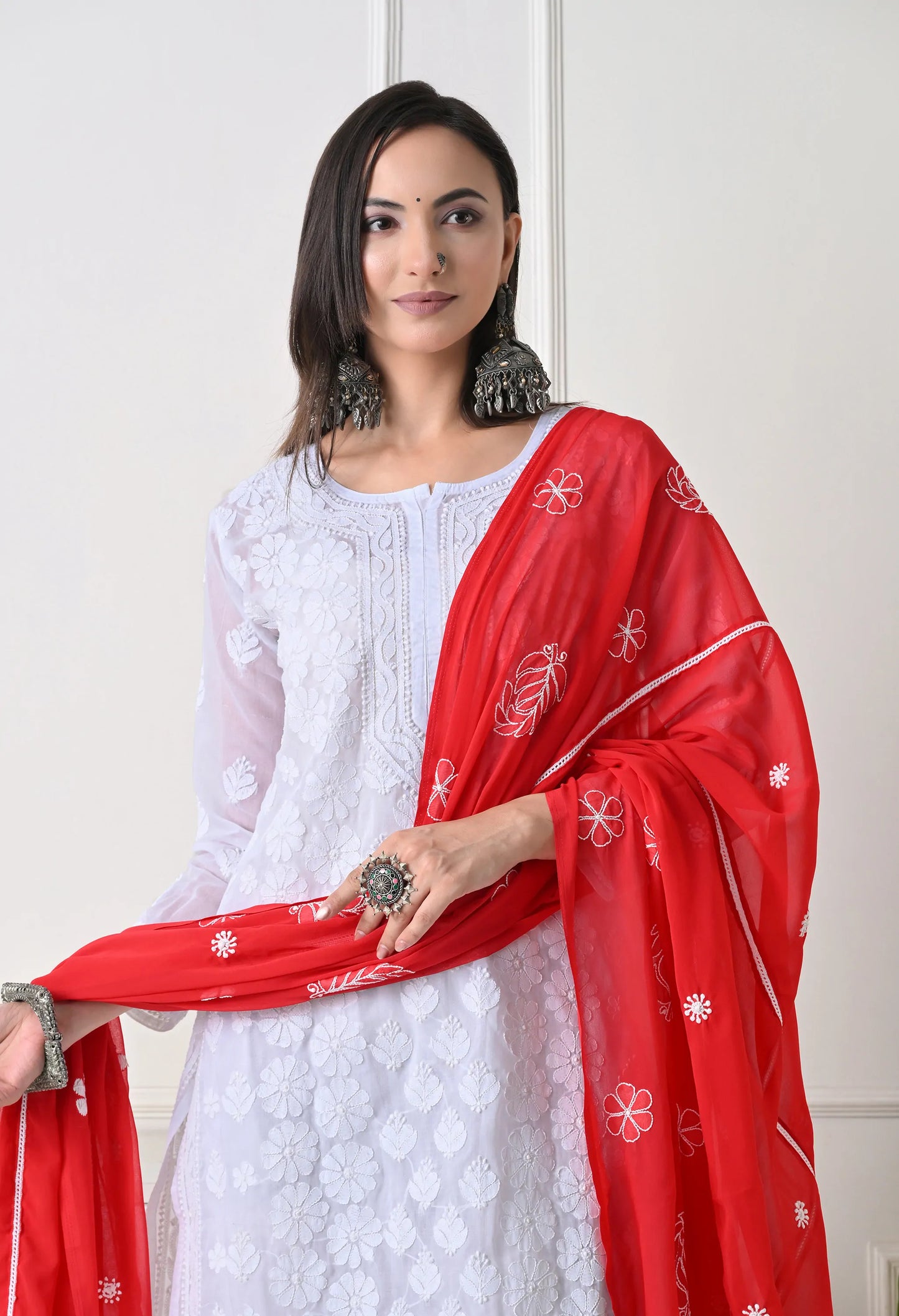 Red Georgette Chikankari Hand Embroidered Dupatta for Women