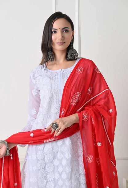 Red Georgette Chikankari Hand Embroidered Dupatta for Women