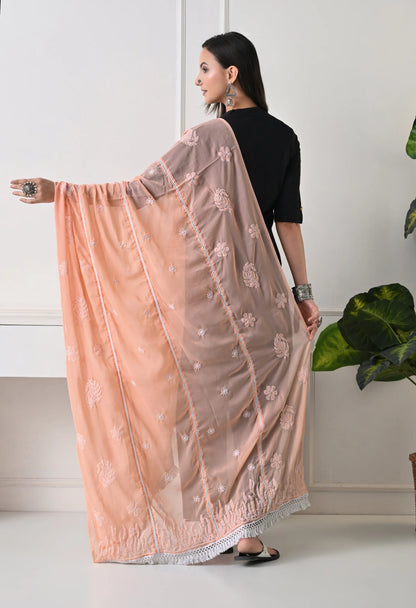 Peach Georgette Chikankari Hand Embroidered Dupatta for Women
