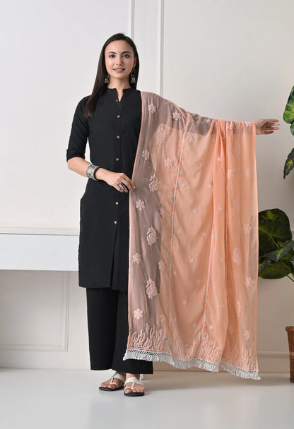 Peach Georgette Chikankari Hand Embroidered Dupatta for Women