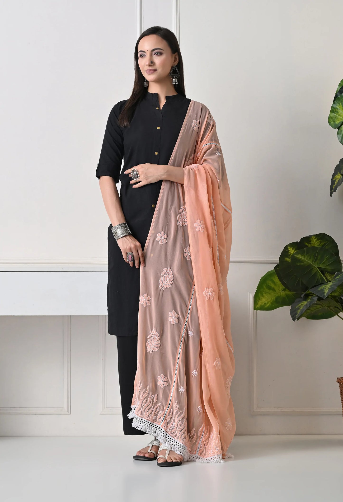 Peach Georgette Chikankari Hand Embroidered Dupatta for Women