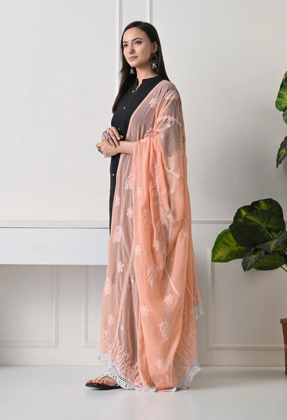 Peach Georgette Chikankari Hand Embroidered Dupatta for Women