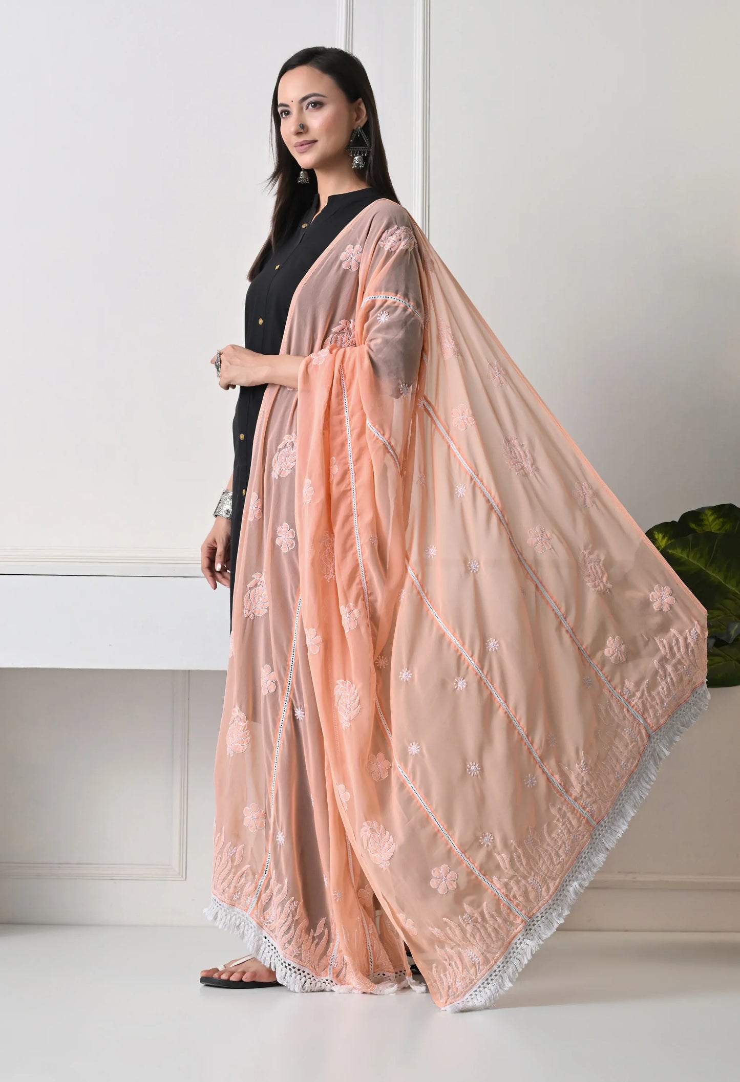 Peach Georgette Chikankari Hand Embroidered Dupatta for Women