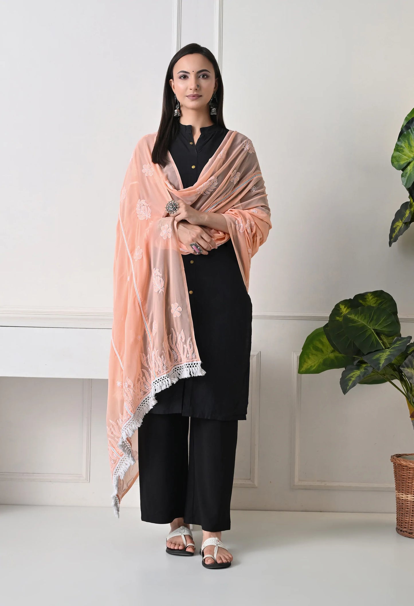 Peach Georgette Chikankari Hand Embroidered Dupatta for Women