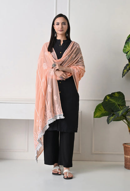 Peach Georgette Chikankari Hand Embroidered Dupatta for Women
