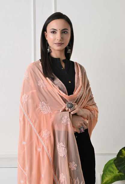 Peach Georgette Chikankari Hand Embroidered Dupatta for Women