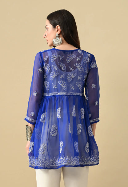 SOFT GEAORGETTE CHIKAN HANDWORK SHORT GOWN | ROYAL BLUE