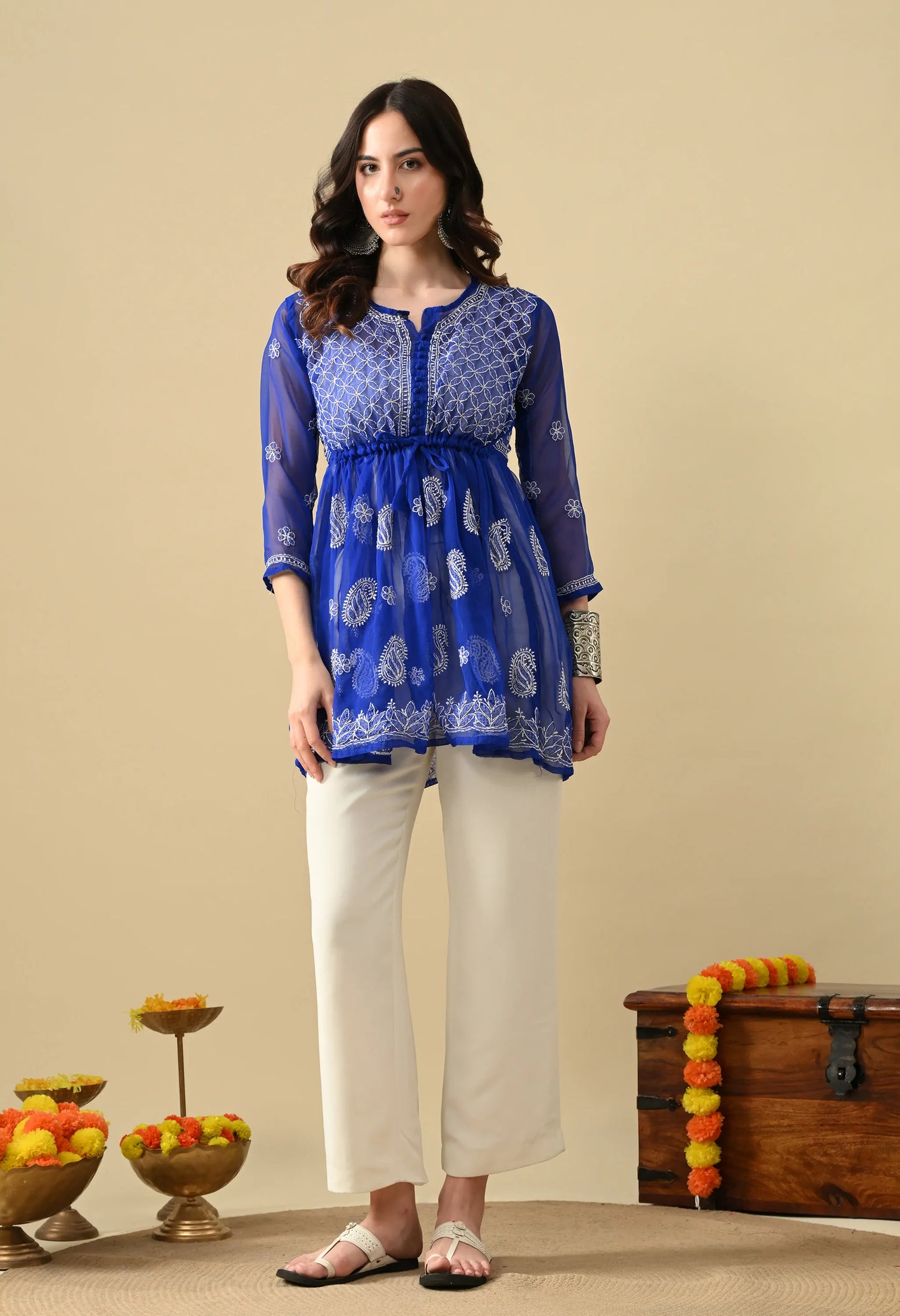 SOFT GEAORGETTE CHIKAN HANDWORK SHORT GOWN | ROYAL BLUE