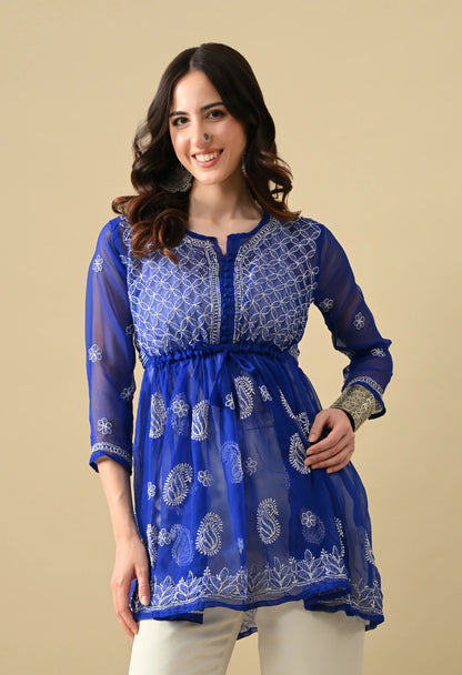 SOFT GEAORGETTE CHIKAN HANDWORK SHORT GOWN | ROYAL BLUE