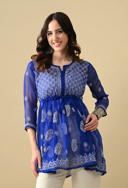 SOFT GEAORGETTE CHIKAN HANDWORK SHORT GOWN | ROYAL BLUE