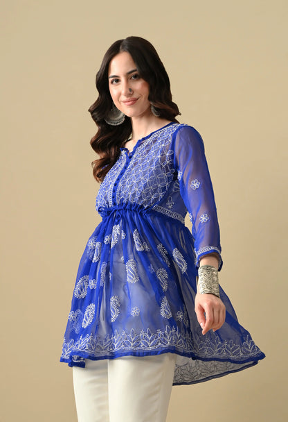 SOFT GEAORGETTE CHIKAN HANDWORK SHORT GOWN | ROYAL BLUE