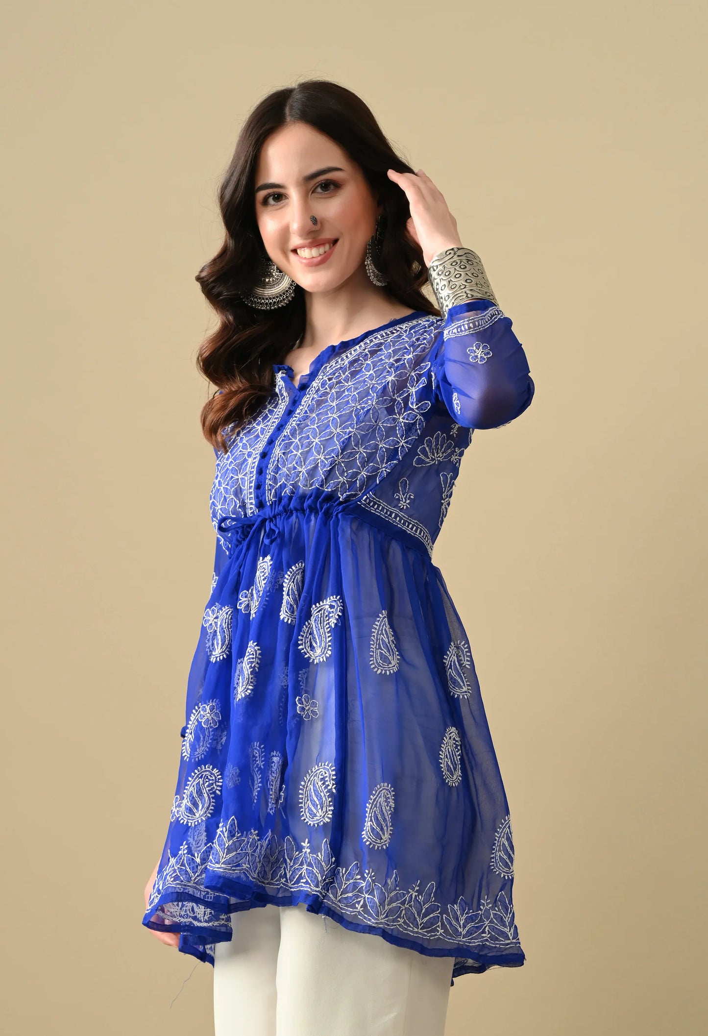 SOFT GEAORGETTE CHIKAN HANDWORK SHORT GOWN | ROYAL BLUE