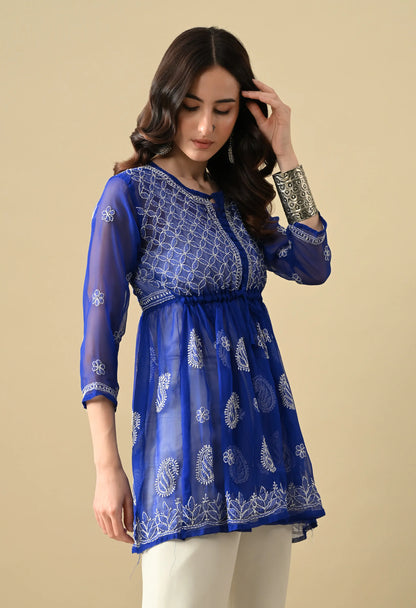 SOFT GEAORGETTE CHIKAN HANDWORK SHORT GOWN | ROYAL BLUE