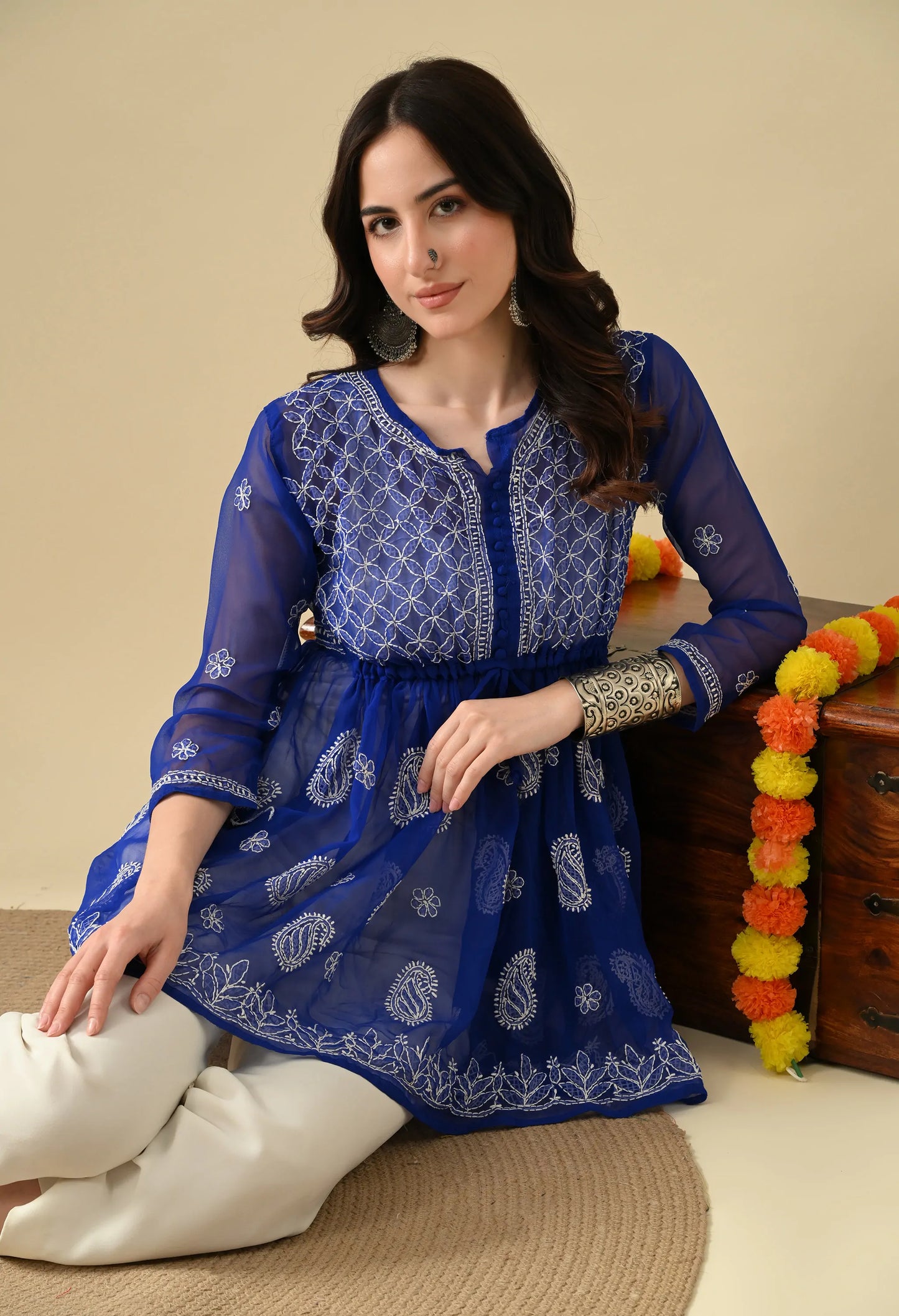 SOFT GEAORGETTE CHIKAN HANDWORK SHORT GOWN | ROYAL BLUE