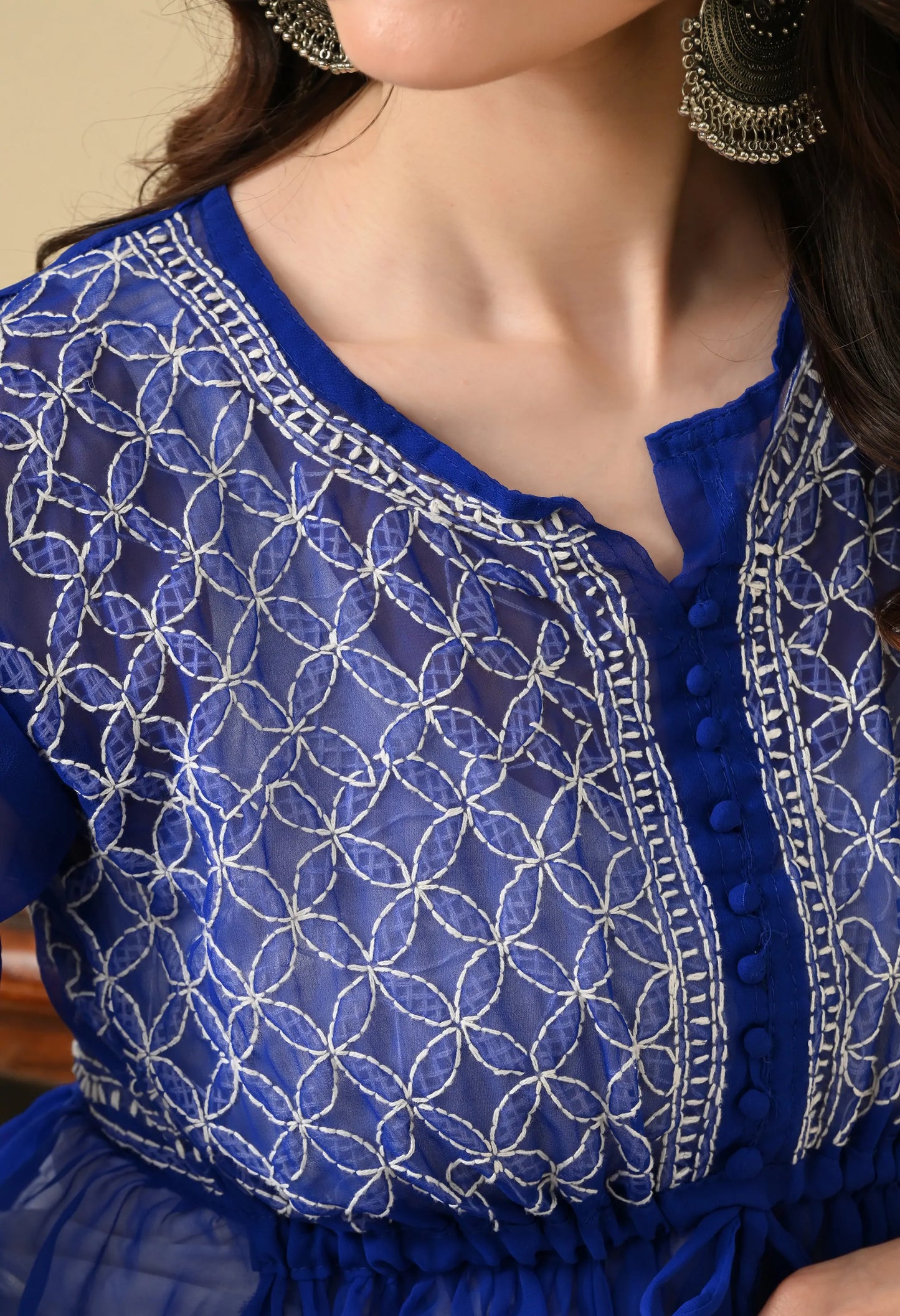 SOFT GEAORGETTE CHIKAN HANDWORK SHORT GOWN | ROYAL BLUE