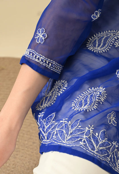 SOFT GEAORGETTE CHIKAN HANDWORK SHORT GOWN | ROYAL BLUE