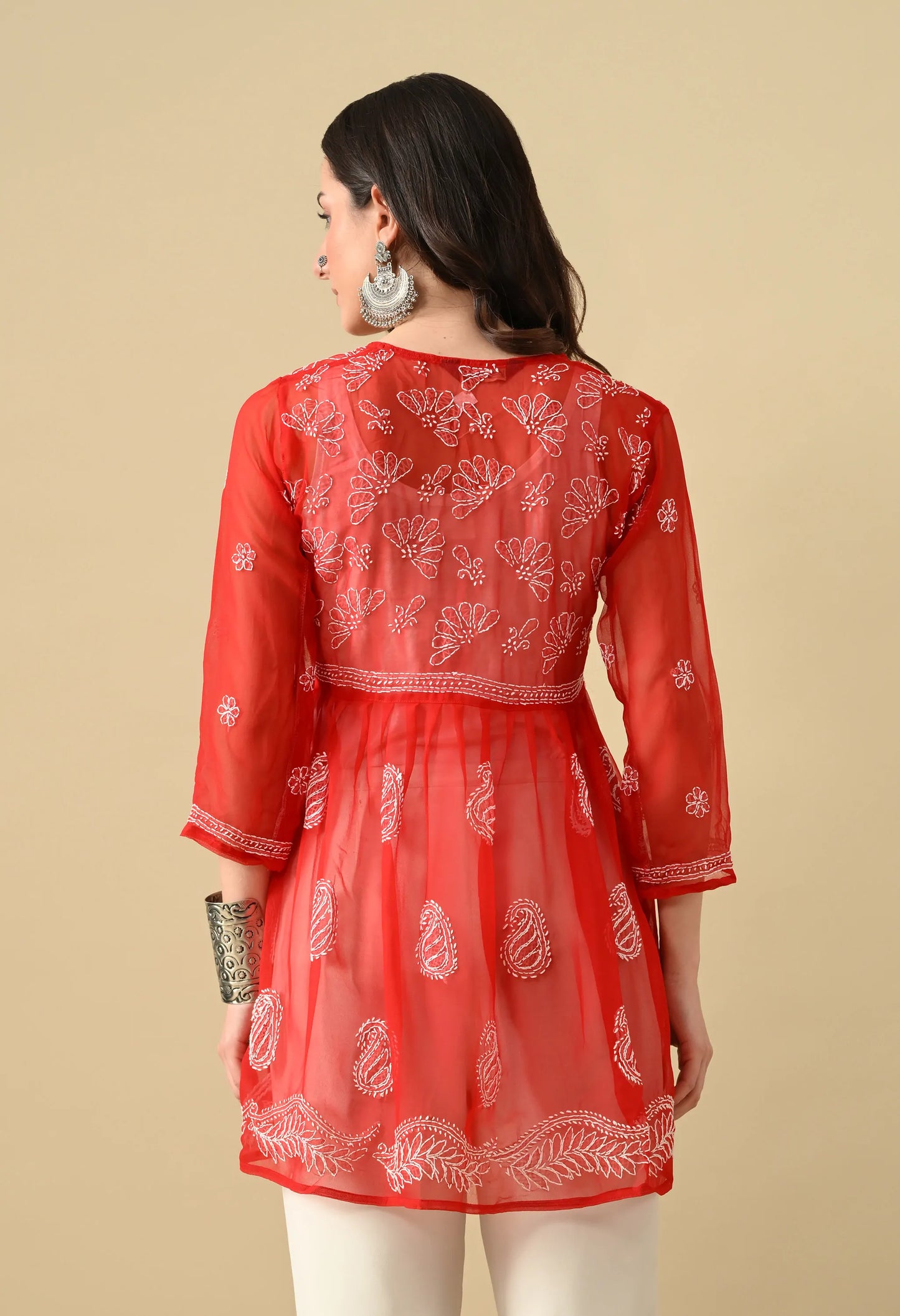SOFT GEAORGETTE CHIKAN HANDWORK SHORT GOWN | RED