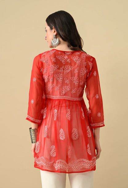 SOFT GEAORGETTE CHIKAN HANDWORK SHORT GOWN | RED