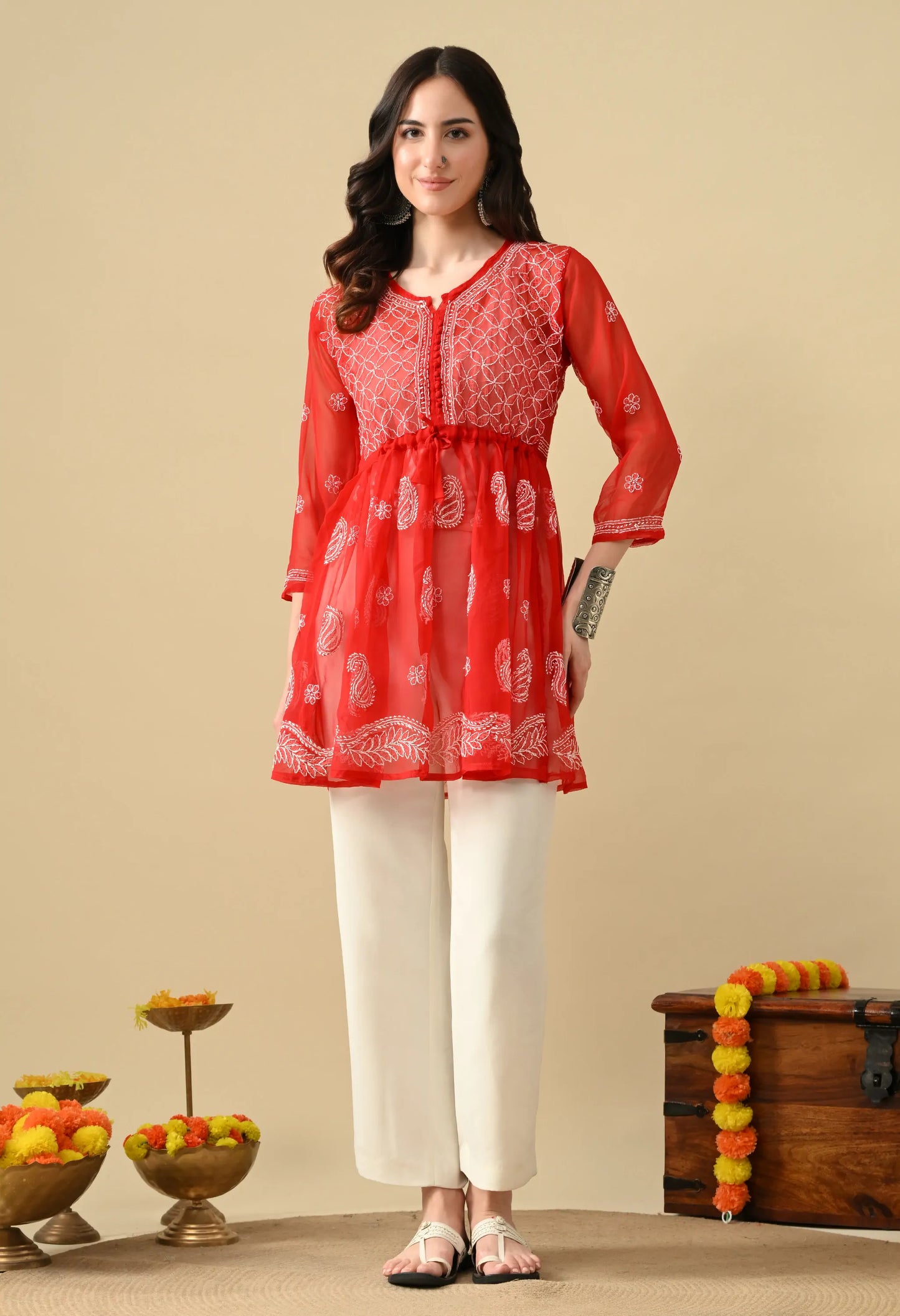 SOFT GEAORGETTE CHIKAN HANDWORK SHORT GOWN | RED